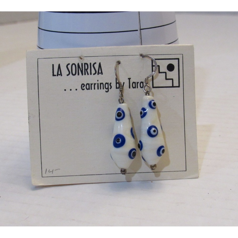 La Sonrisa by Tara Evil Eye Glass‎ Teardrop Earrings Sterling Silver Blue Ivory - Picture 2 of 6